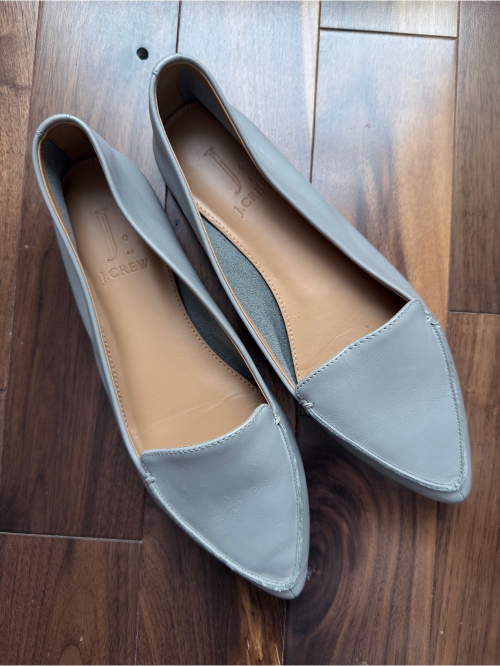 J. Crew Women's Pointed Leather Flats in Light Gray